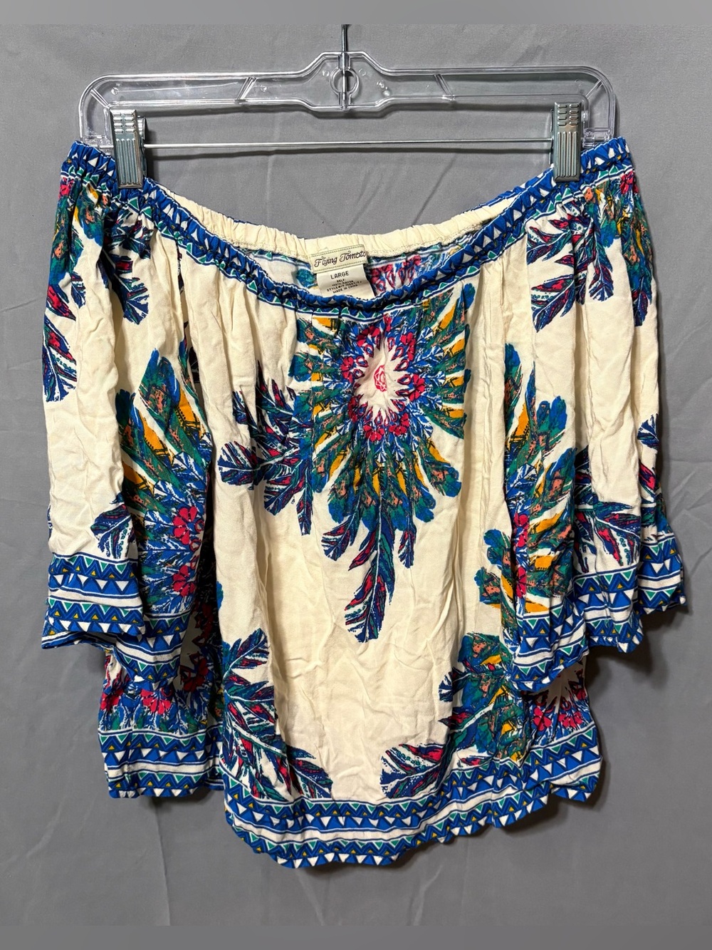 Flying Tomato Cream Off-Shoulder Floral Peasant Top with Blue Trim
